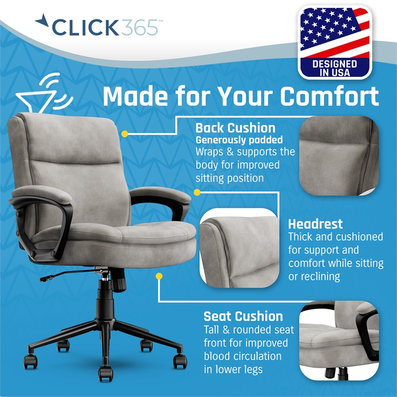 Pemberly Row Modern Ergonomic Mid Back Desk Chair Fabric Gray