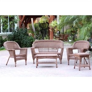 Pemberly Row 5 Piece Resin Wicker Outdoor Patio Conversation Set in Honey