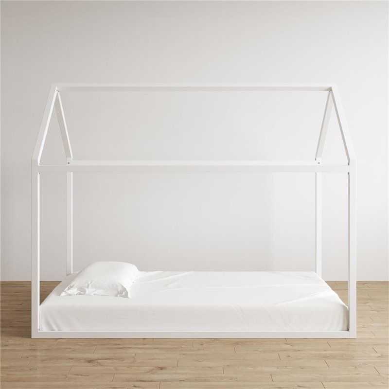 Pemberly Row Modern Kids Metal House Bed Twin Size Frame in White