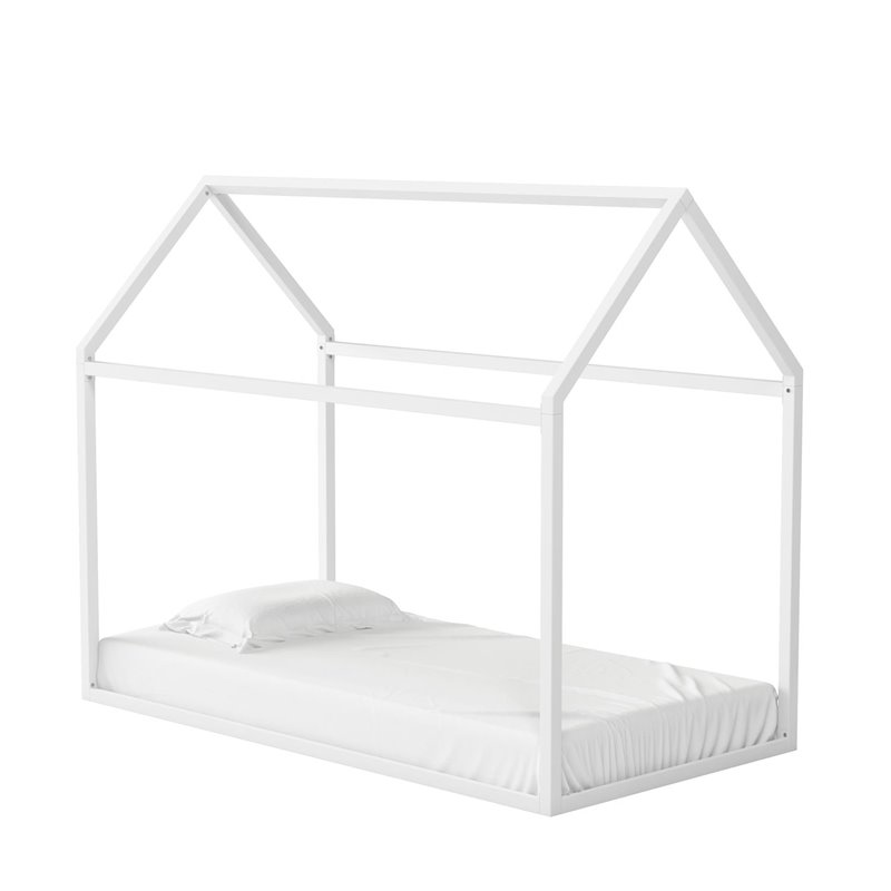 Pemberly Row Modern Kids Metal House Bed Twin Size Frame in White