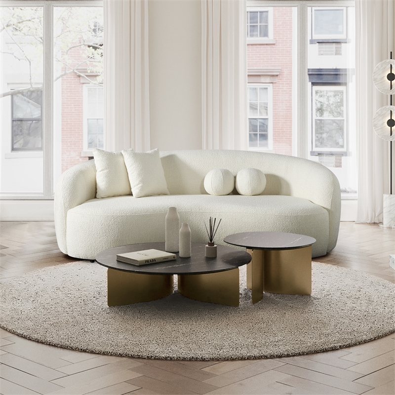 Pemberly Row Living Room French Knitted Boucle Fabric Upholstered Sofa in Cream