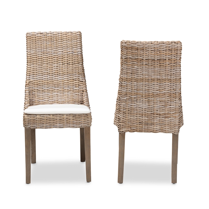 Pemberly Row Modern Bohemian Gray Rattan 2-Piece Dining Chair Set