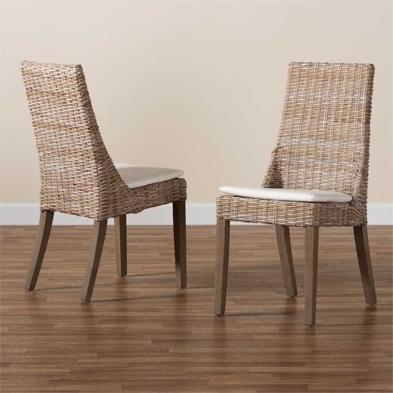 Pemberly Row Modern Bohemian Gray Rattan 2-Piece Dining Chair Set