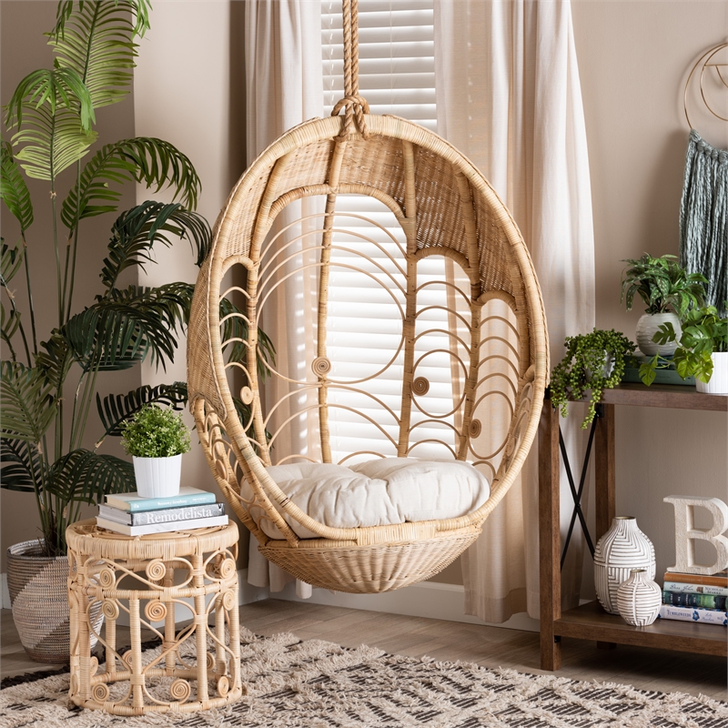 Pemberly Row Modern Bohemian Natural Brown Rattan Hanging Chair