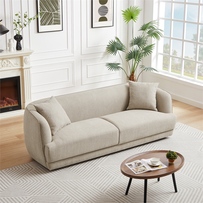 Pemberly Row Mid-Century Modern Living Room Luxury Fabric Linen Couch in Cream