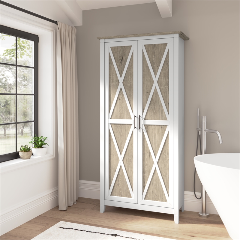 Pemberly Row Tall Bathroom Cabinet with Doors in White/Gray - Engineered Wood
