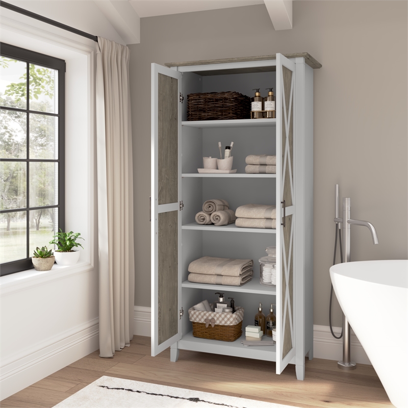 Pemberly Row Tall Bathroom Cabinet with Doors in White/Gray - Engineered Wood