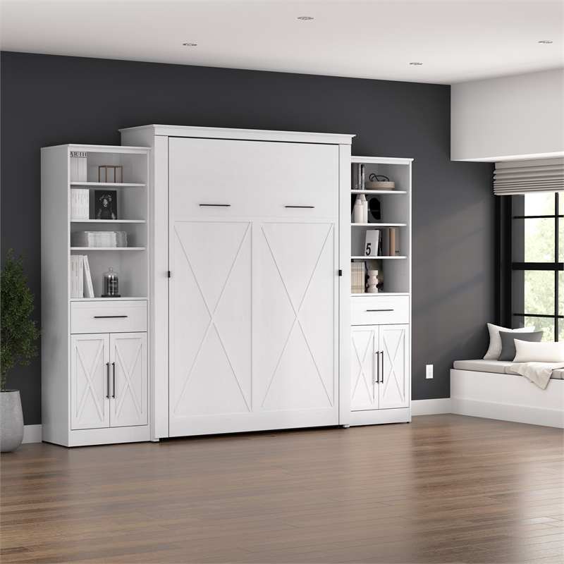 Pemberly Row Queen Murphy Bed and Wardrobes (119W) - Engineered Wood in White
