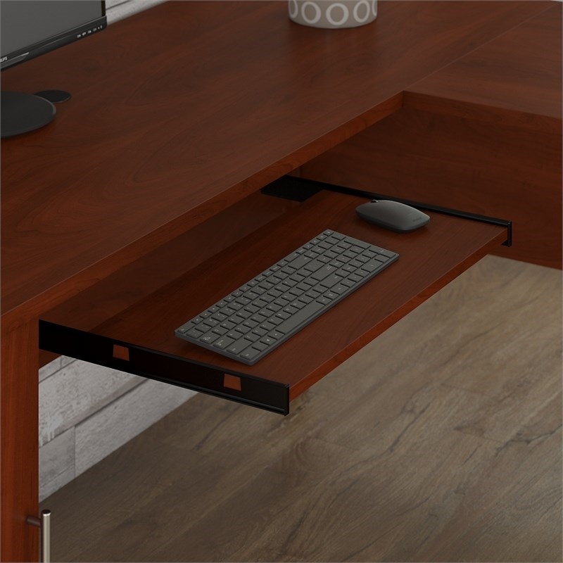 Pemberly Row Transitional Wood 60W L-Shaped Desk with Hutch in Hansen Cherry