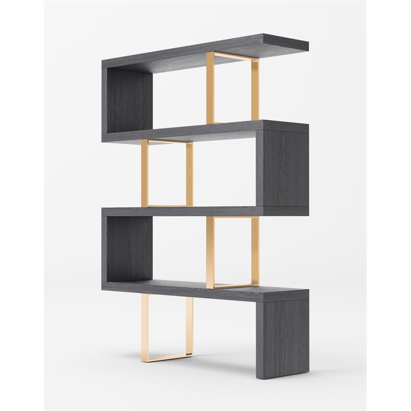 Pemberly Row Set of 2 Wood Veneer & Stainless Steel Bookcases in Elm Gray/Gold