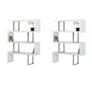 Pemberly Row Set of 2 Modern MDF & Stainless Steel Bookcases in White High Gloss