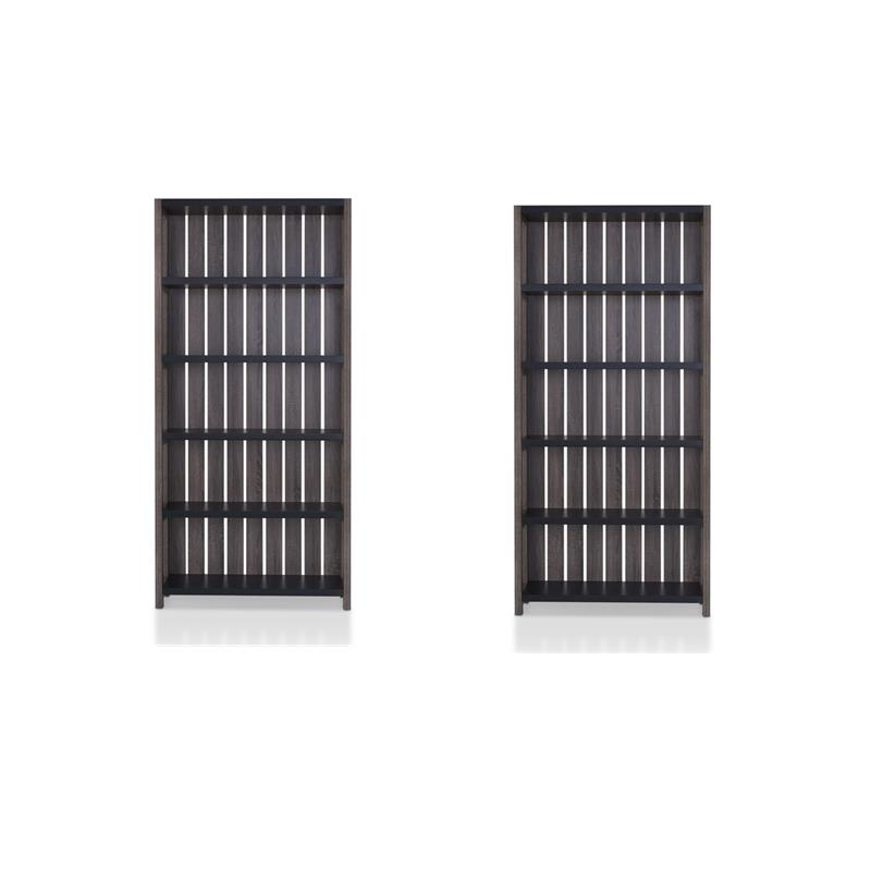 Pemberly Row Set of 2 Wood 5-Shelf Bookcases in Dark Gray and Black