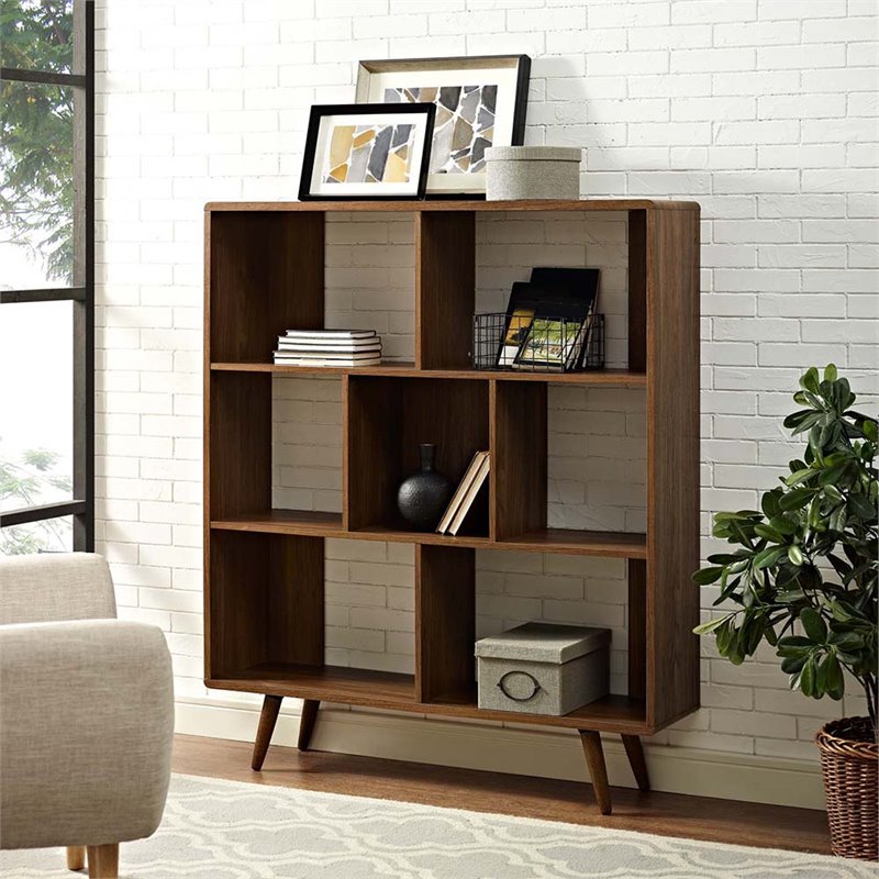 Pemberly Row Set of 2 Modern Particleboard Wood Bookcases in Walnut