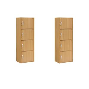 Pemberly Row Set of 2 4-Shelf 4 Door Multi-Purpose Wooden Bookcases in Beige