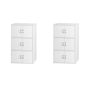 Pemberly Row Set of 2 3-Shelf 6 Door Multi-Purpose Wooden Bookcases in White