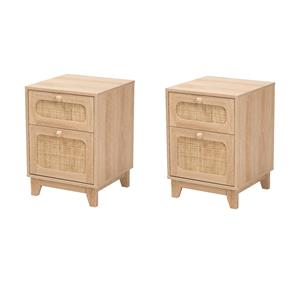 Pemberly Row Set of 2 Light Brown Wood and Natural Rattan 1-Drawer End Tables