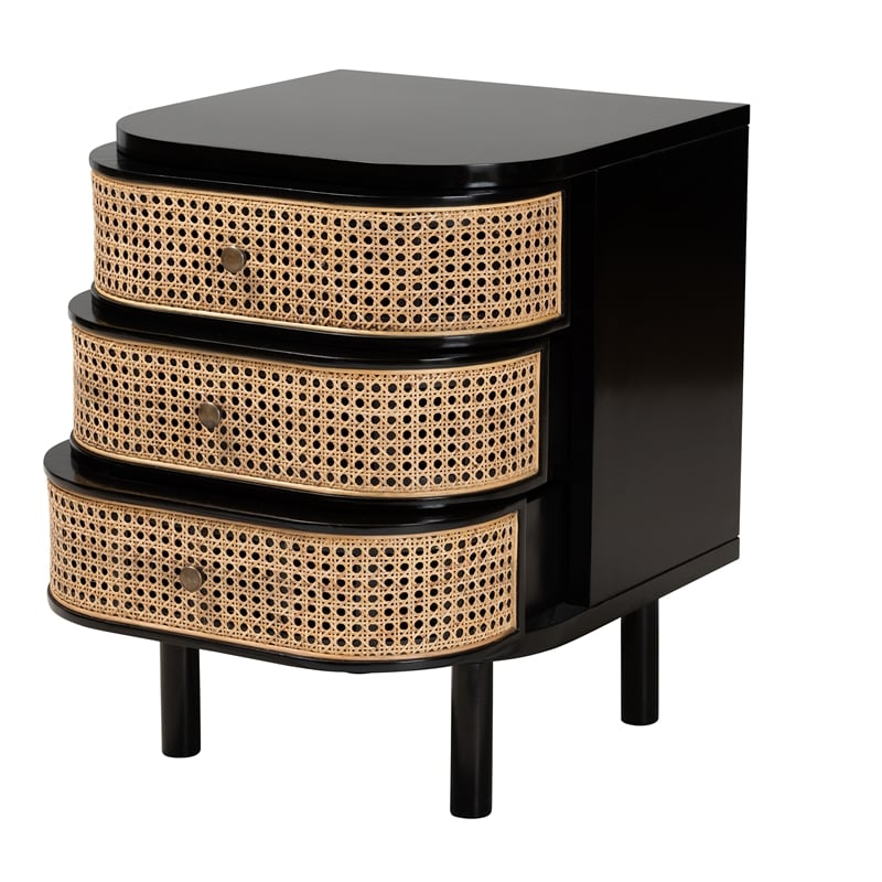 Pemberly Row Set of 2 Black Bayur Wood and Rattan 3-Drawer End Tables Nightstand