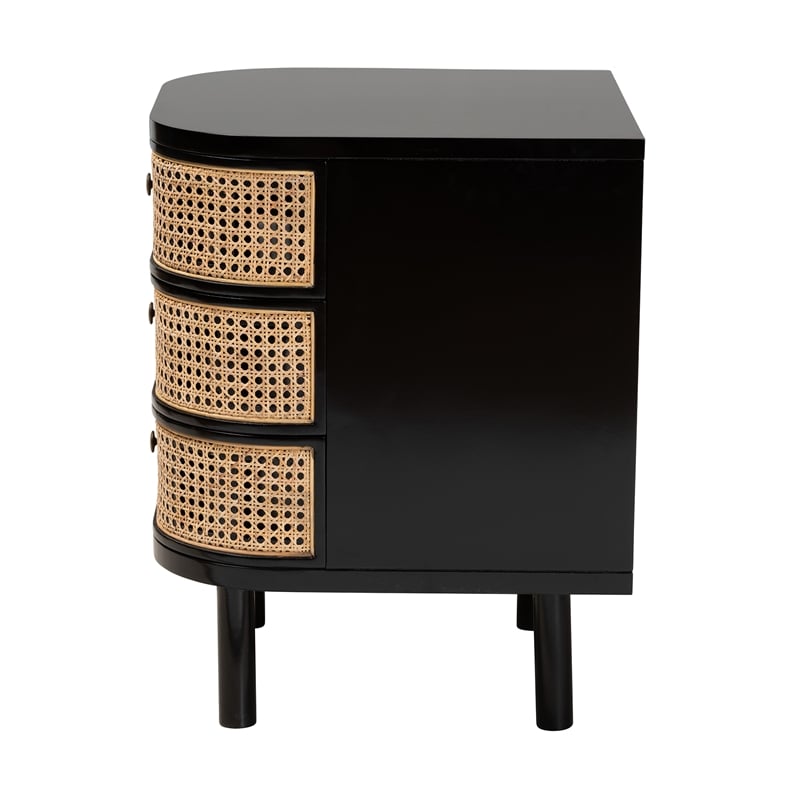 Pemberly Row Set of 2 Black Bayur Wood and Rattan 3-Drawer End Tables Nightstand
