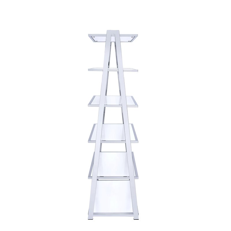 Pemberly Row Set of 2 Leaning Bookcases in White High Gloss and Chrome