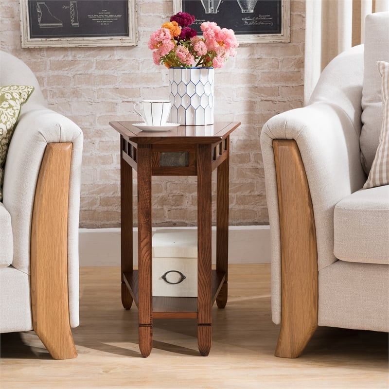 Pemberly Row Set of 2 Rustic Slate Wood Recliner Wedge End Tables in Rustic Oak