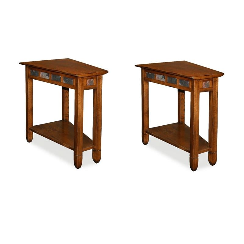 Pemberly Row Set of 2 Rustic Slate Wood Recliner Wedge End Tables in Rustic Oak