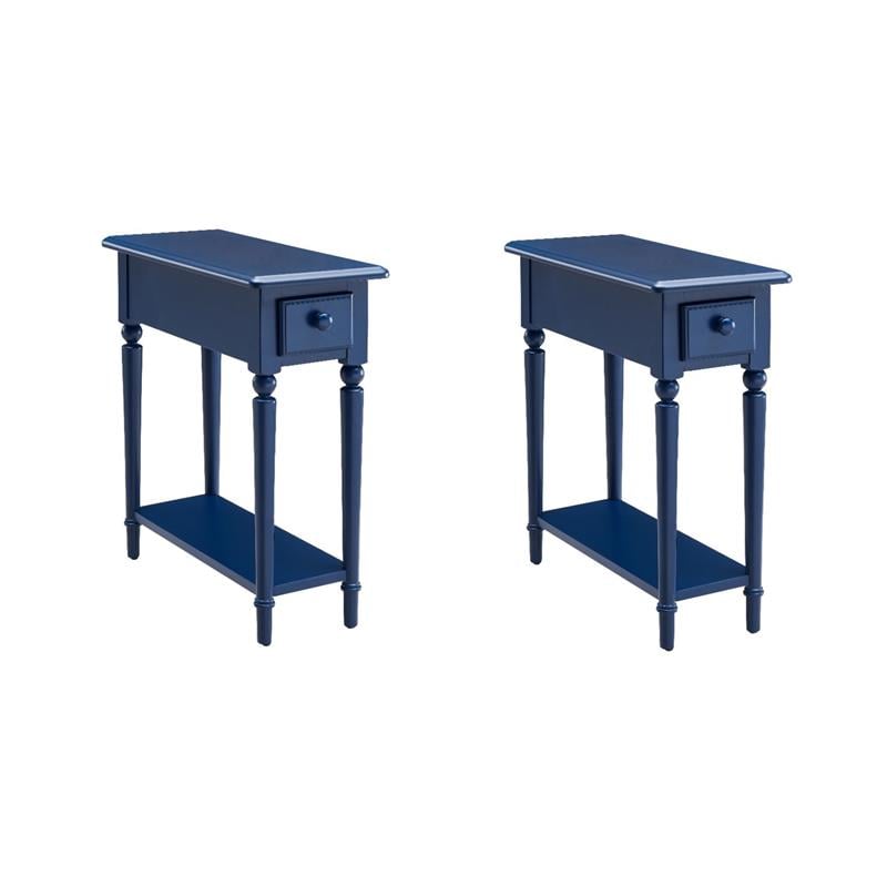 Pemberly Row Set of 2 Coastal Narrow Side Tables with Drawer in Navy Blue
