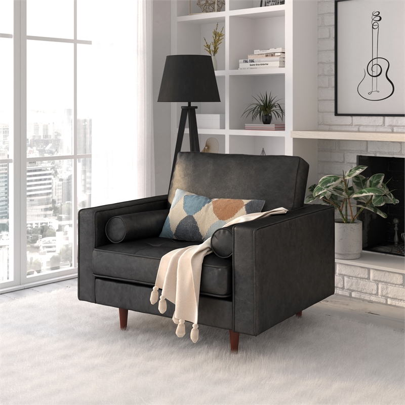Pemberly Row Contemporary Upholstered Leather Arm Chair in Black