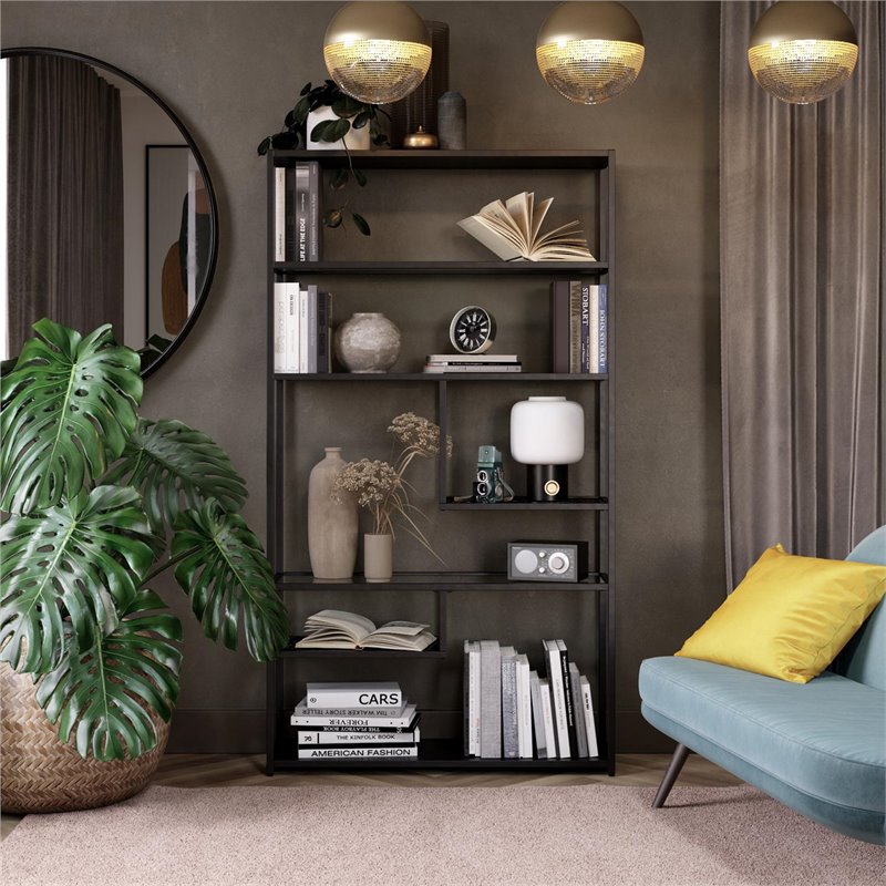 Pemberly Row Set of 2 Contemporary Bookcases Etagere in Black Marble