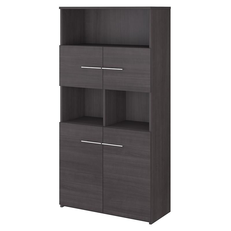Pemberly Row Set of 2 5-Shelf Bookcases with Doors in Storm Gray