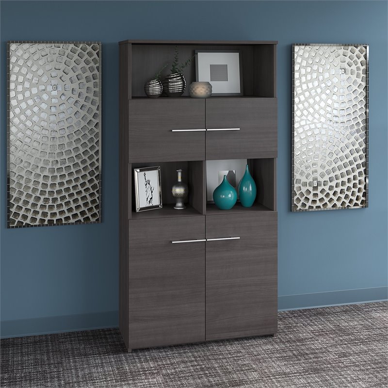 Pemberly Row Set of 2 5-Shelf Bookcases with Doors in Storm Gray