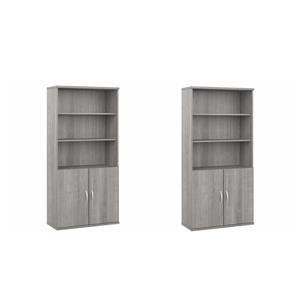 Pemberly Row Set of 2 Tall 5-Shelf Bookcases with Doors in Platinum Gray