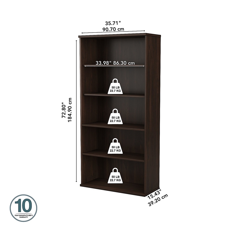 Pemberly Row Set of 2 Tall 5-Shelf Bookcases in Black Walnut - Engineered Wood