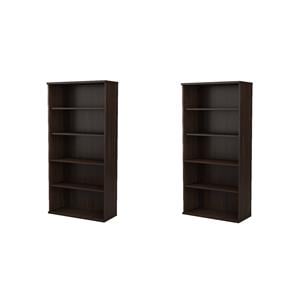 Pemberly Row Set of 2 Tall 5-Shelf Bookcases in Black Walnut - Engineered Wood