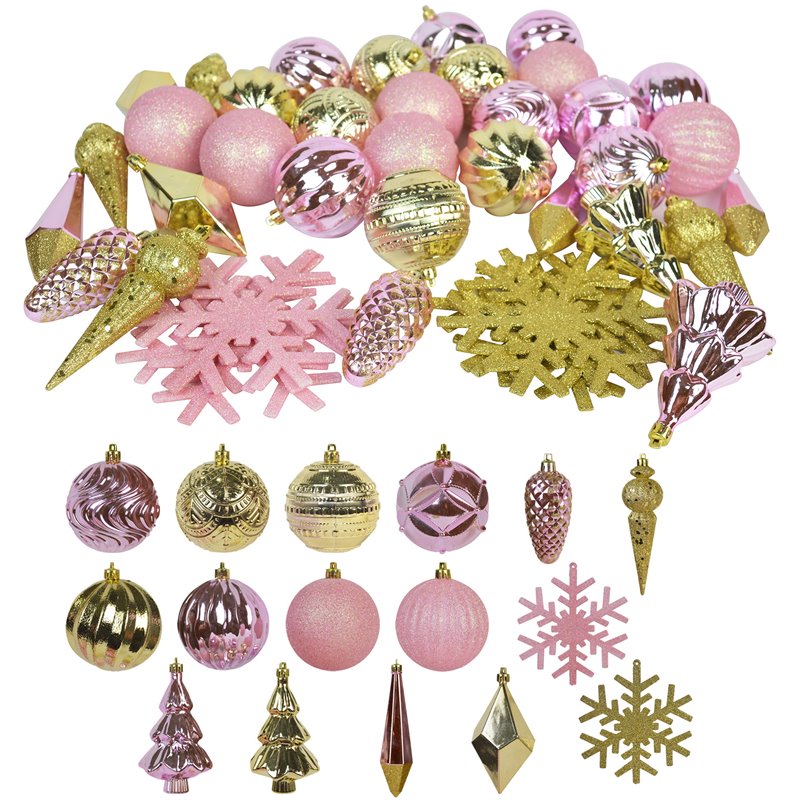 Pemberly Row 40Pc Shatterproof Plastic Christmas Ornament Set in Pink and Gold