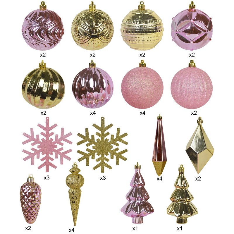Pemberly Row 40Pc Shatterproof Plastic Christmas Ornament Set in Pink and Gold