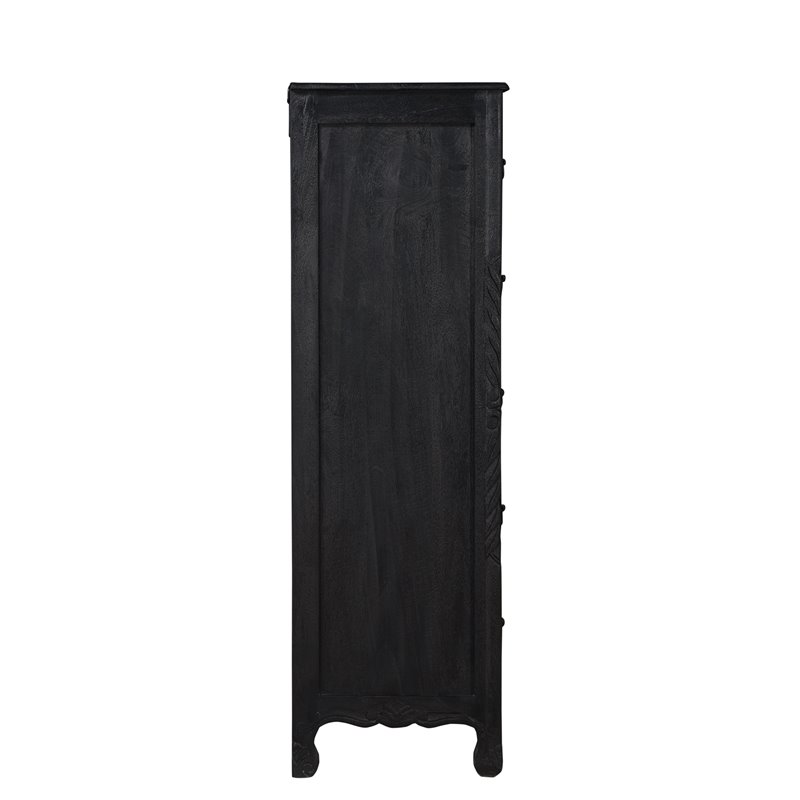 Pemberly Row 6-drawer Floral Carved Solid Wood Chest in Black