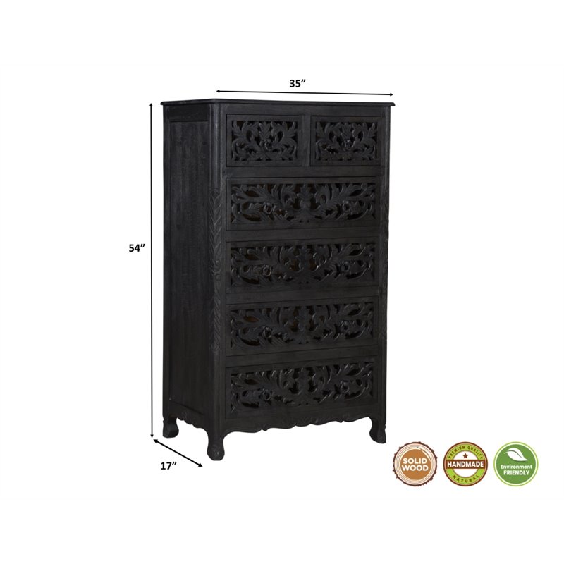 Pemberly Row 6-drawer Floral Carved Solid Wood Chest in Black