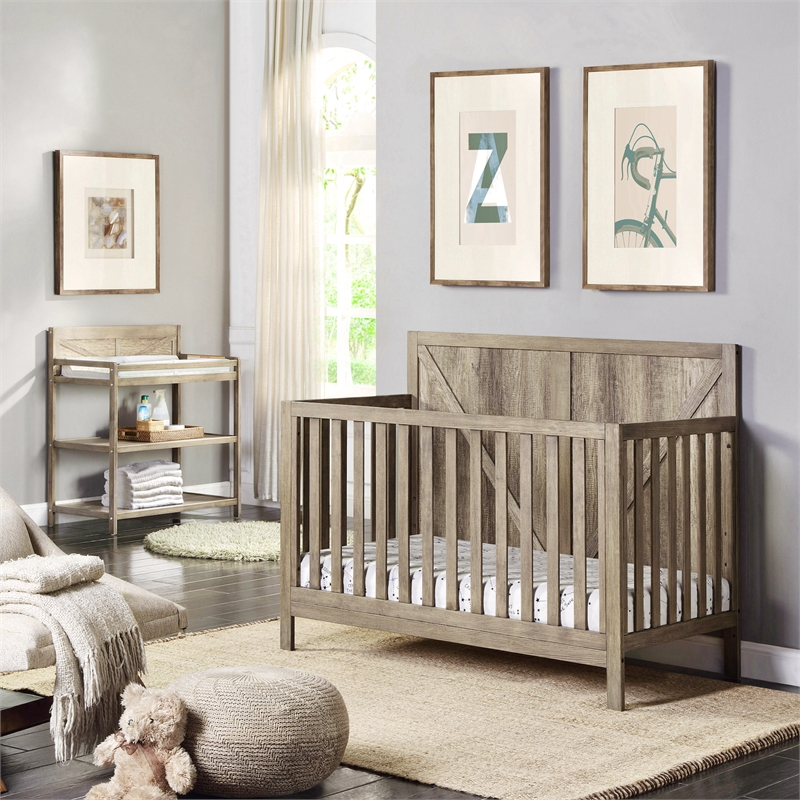 Pemberly Row Farmhouse Wood 4-in-1 Convertible Crib - Vintage Chestnut
