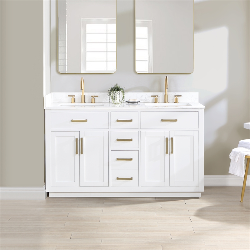 Pemberly Row Wood Vanity in White w/ Grain White Composite Stone Top no Mirror
