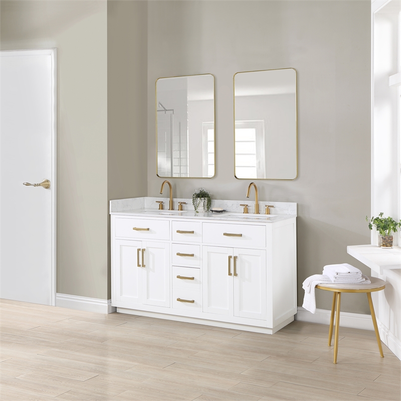 Pemberly Row Wood Vanity in White w/ Grain White Composite Stone Top no Mirror