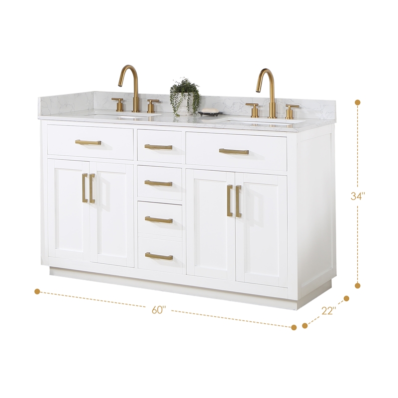 Pemberly Row Wood Vanity in White w/ Grain White Composite Stone Top no Mirror