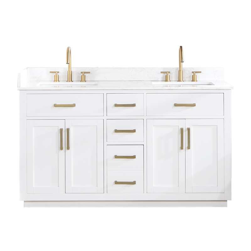 Pemberly Row Wood Vanity in White w/ Grain White Composite Stone Top no Mirror