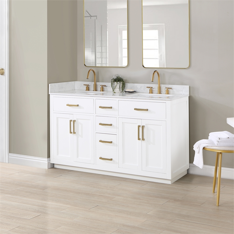 Pemberly Row Wood Vanity in White w/ Grain White Composite Stone Top no Mirror