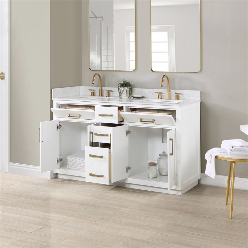 Pemberly Row Wood Vanity in White w/ Grain White Composite Stone Top no Mirror