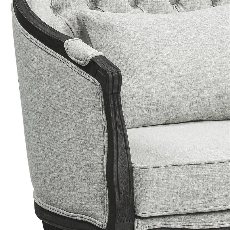 Pemberly Row Linen Chair with Wooden Frame and Pillow in Gray and Dark Brown