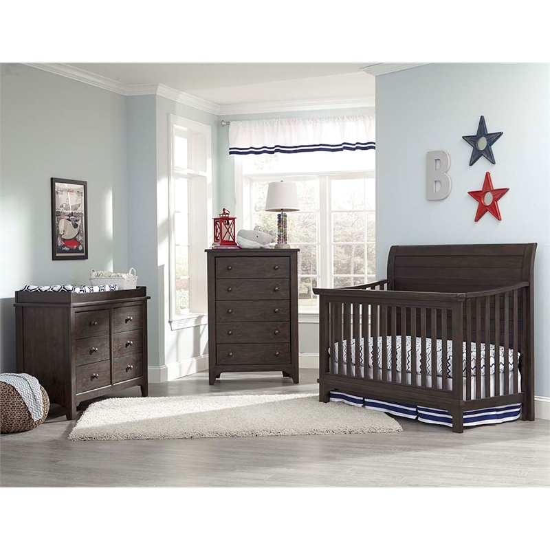 Pemberly Row Farmhouse Wood Convertible Crib in River Rock Brown