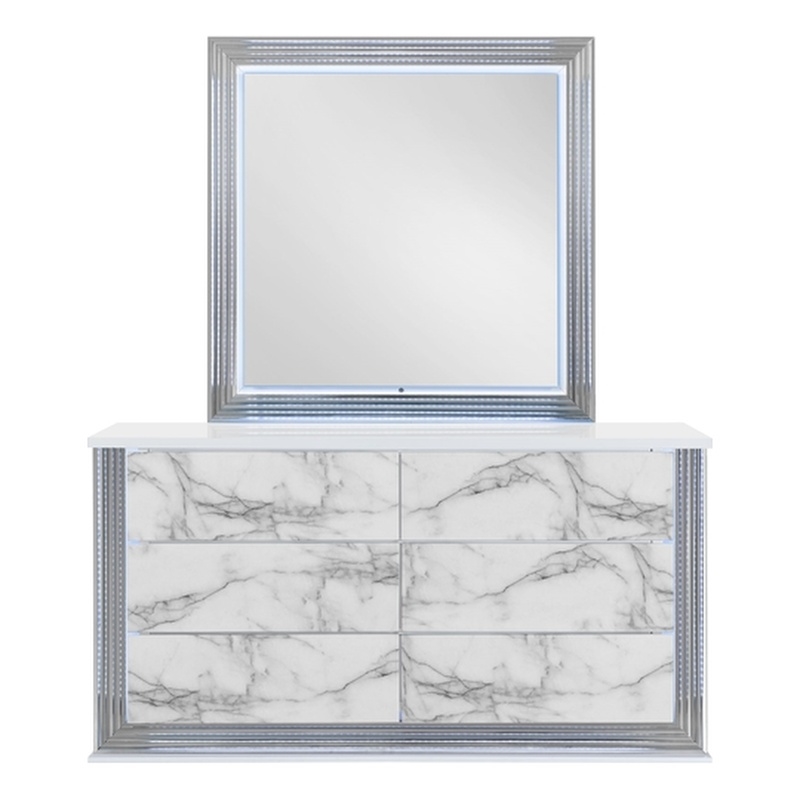 Pemberly Row Modern White High Gloss Marble Dresser With LED