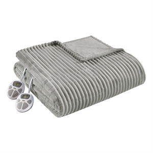 Pemberly Row Contemporary Solid Corded Plush Fabric Twin Heated Blanket in Gray