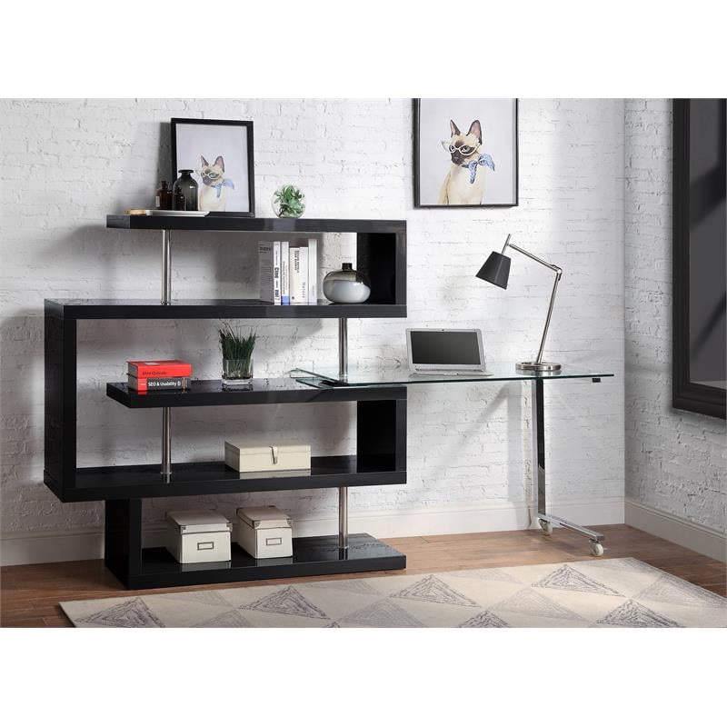 Pemberly Row Glass Top Writing Desk in Chrome and Black High Gloss