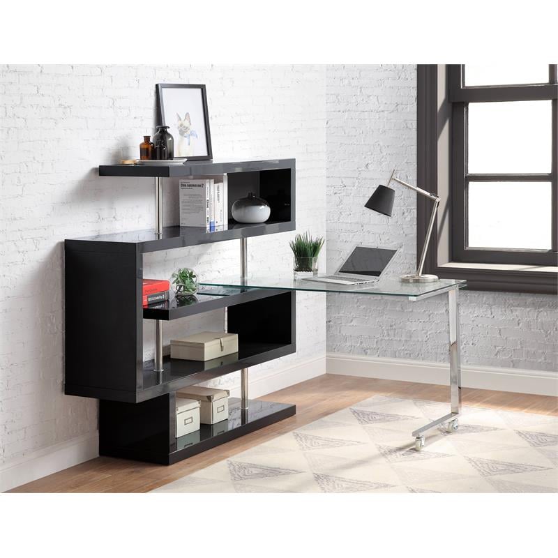 Pemberly Row Glass Top Writing Desk in Chrome and Black High Gloss